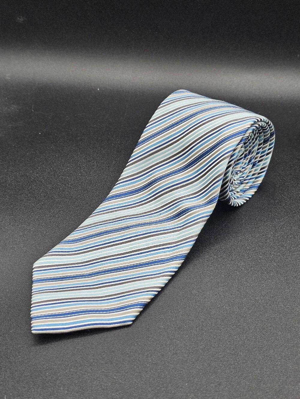 Geoffrey Beene Men's Blue Gray Striped Silk Necktie Business Neck Wear